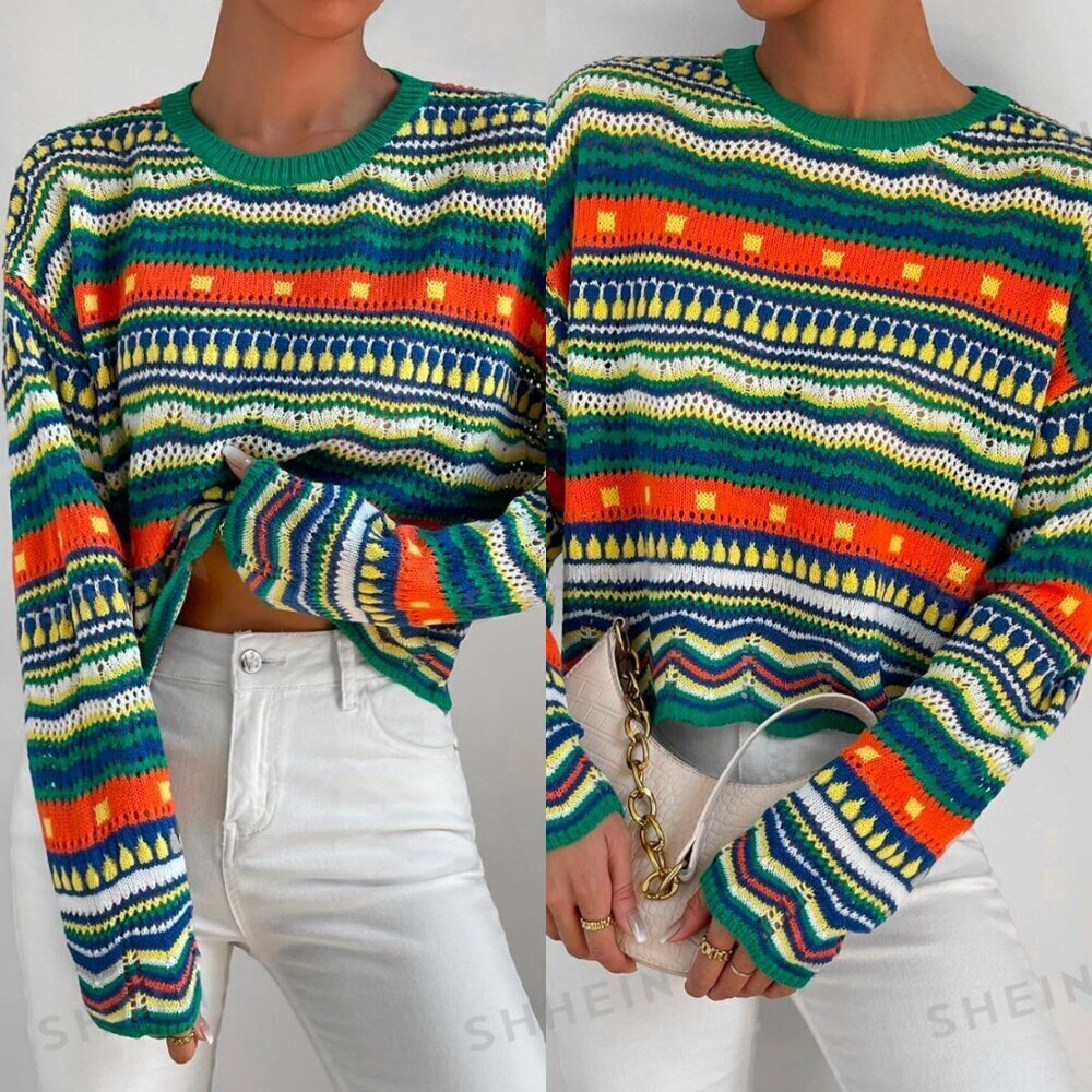 ☀️ SHEIN Essence Striped Boho Geometric Knit Sweater Small